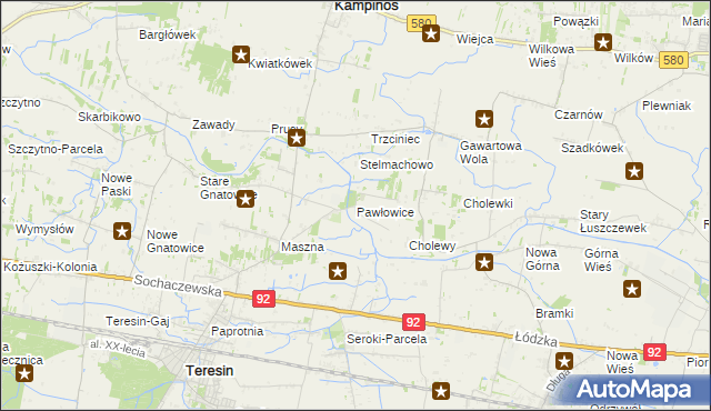 mapa Pawłowice gmina Teresin, Pawłowice gmina Teresin na mapie Targeo