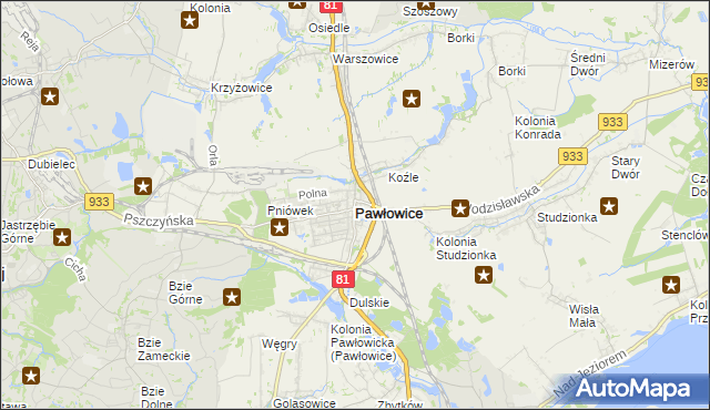 mapa Pawłowice powiat pszczyński, Pawłowice powiat pszczyński na mapie Targeo