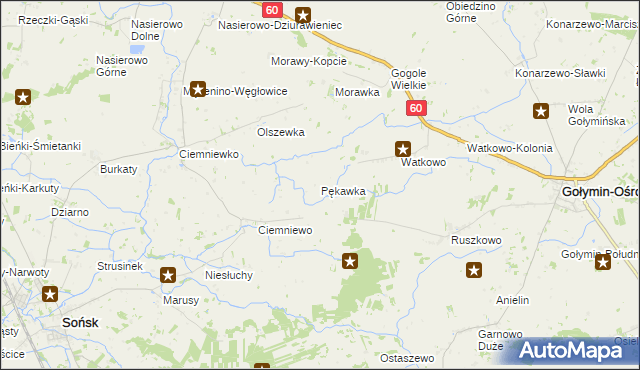 mapa Pękawka gmina Sońsk, Pękawka gmina Sońsk na mapie Targeo