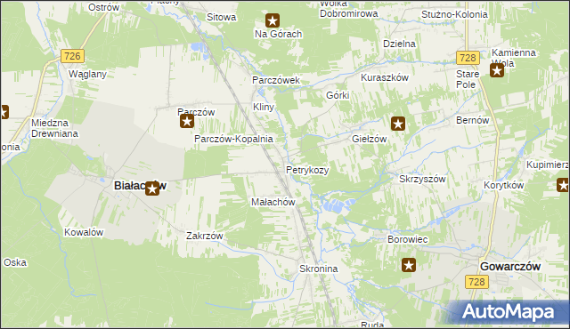 mapa Petrykozy gmina Białaczów, Petrykozy gmina Białaczów na mapie Targeo