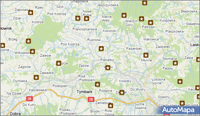 mapa Piekiełko gmina Tymbark, Piekiełko gmina Tymbark na mapie Targeo