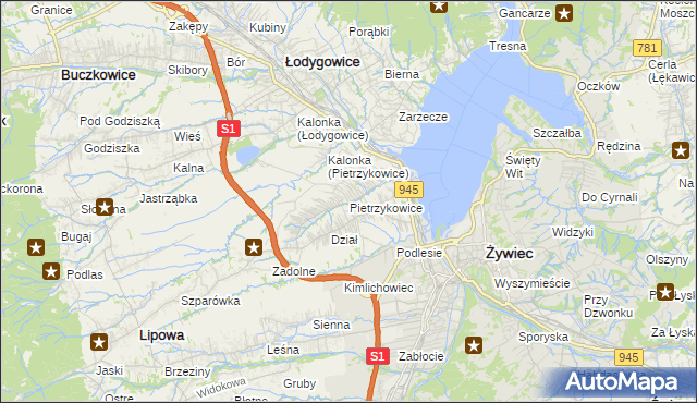 mapa Pietrzykowice gmina Łodygowice, Pietrzykowice gmina Łodygowice na mapie Targeo