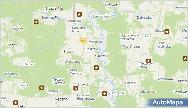 mapa Placówka gmina Ręczno, Placówka gmina Ręczno na mapie Targeo
