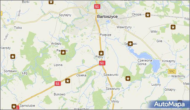 mapa Plęsy gmina Bartoszyce, Plęsy gmina Bartoszyce na mapie Targeo