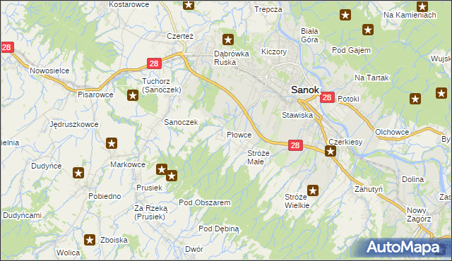 mapa Płowce gmina Sanok, Płowce gmina Sanok na mapie Targeo