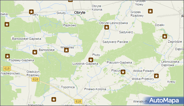 mapa Płusy gmina Obryte, Płusy gmina Obryte na mapie Targeo