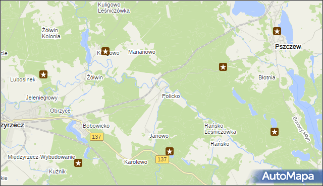 mapa Policko gmina Pszczew, Policko gmina Pszczew na mapie Targeo