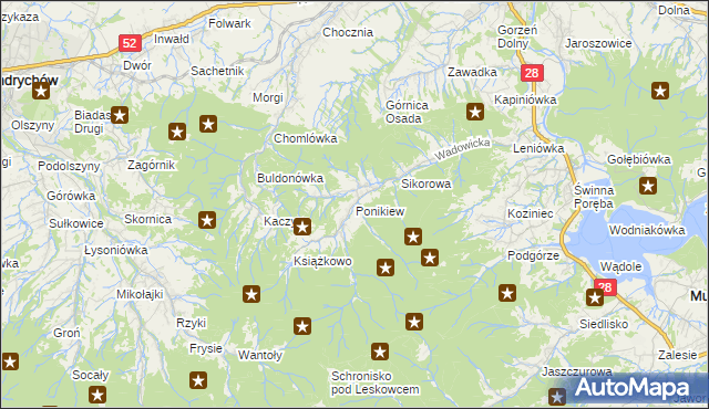 mapa Ponikiew gmina Wadowice, Ponikiew gmina Wadowice na mapie Targeo