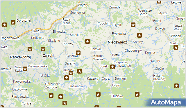 mapa Poręba Wielka gmina Niedźwiedź, Poręba Wielka gmina Niedźwiedź na mapie Targeo