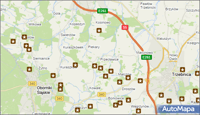 mapa Przecławice gmina Oborniki Śląskie, Przecławice gmina Oborniki Śląskie na mapie Targeo