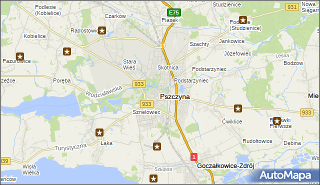 mapa Pszczyny, Pszczyna na mapie Targeo