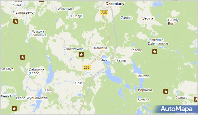 mapa Raduń gmina Dziemiany, Raduń gmina Dziemiany na mapie Targeo