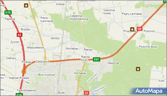 mapa Raków gmina Moszczenica, Raków gmina Moszczenica na mapie Targeo