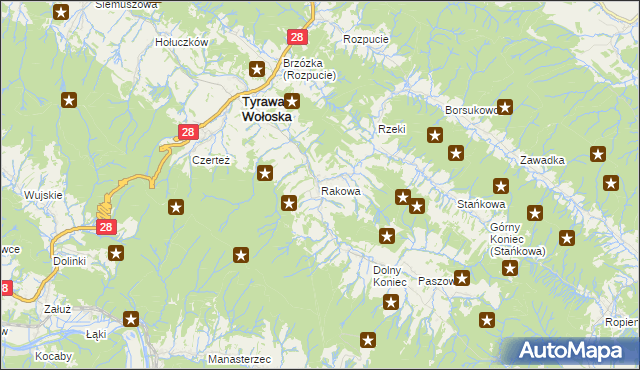 mapa Rakowa gmina Tyrawa Wołoska, Rakowa gmina Tyrawa Wołoska na mapie Targeo