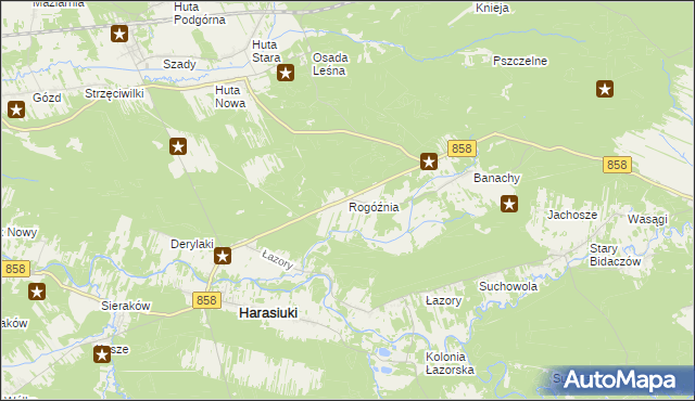 mapa Rogóźnia gmina Harasiuki, Rogóźnia gmina Harasiuki na mapie Targeo