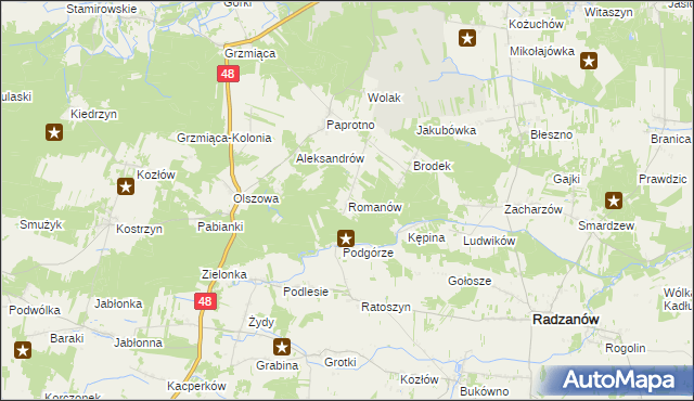 mapa Romanów gmina Wyśmierzyce, Romanów gmina Wyśmierzyce na mapie Targeo