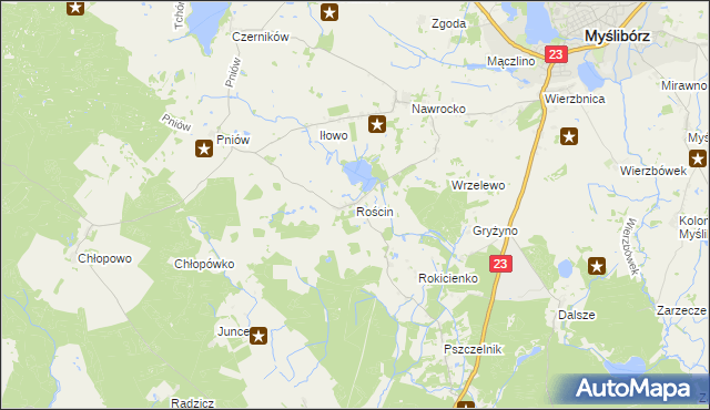 mapa Rościn gmina Myślibórz, Rościn gmina Myślibórz na mapie Targeo