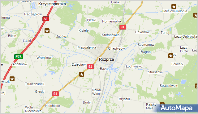 mapa Rozprza powiat piotrkowski, Rozprza powiat piotrkowski na mapie Targeo