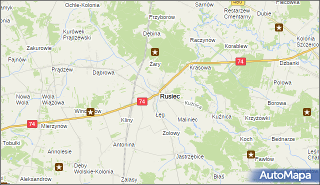 mapa Rusiec powiat bełchatowski, Rusiec powiat bełchatowski na mapie Targeo