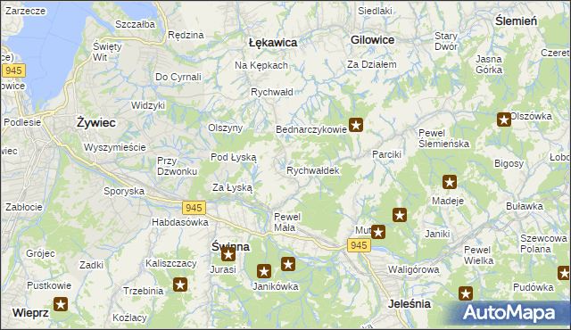 mapa Rychwałdek, Rychwałdek na mapie Targeo