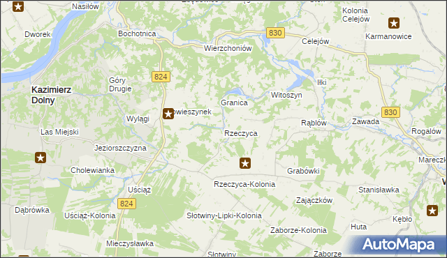 mapa Rzeczyca gmina Kazimierz Dolny, Rzeczyca gmina Kazimierz Dolny na mapie Targeo