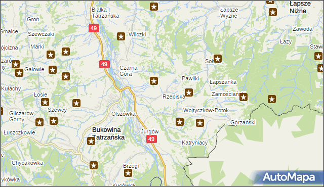 mapa Rzepiska gmina Bukowina Tatrzańska, Rzepiska gmina Bukowina Tatrzańska na mapie Targeo