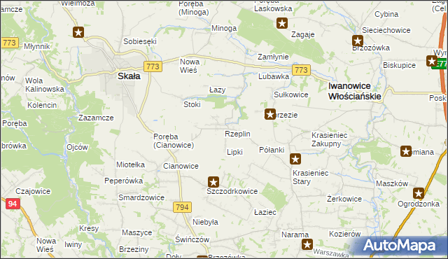 mapa Rzeplin gmina Skała, Rzeplin gmina Skała na mapie Targeo