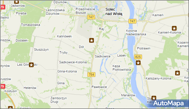 mapa Sadkowice gmina Solec nad Wisłą, Sadkowice gmina Solec nad Wisłą na mapie Targeo