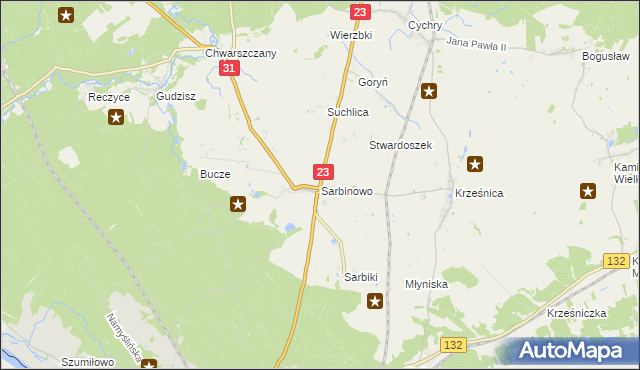 mapa Sarbinowo gmina Dębno, Sarbinowo gmina Dębno na mapie Targeo