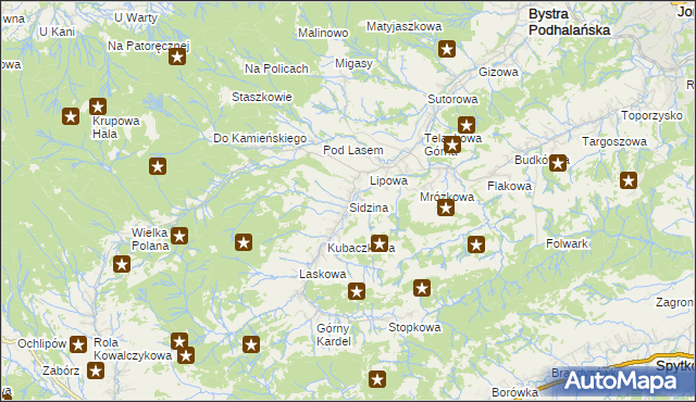 mapa Sidzina gmina Bystra-Sidzina, Sidzina gmina Bystra-Sidzina na mapie Targeo
