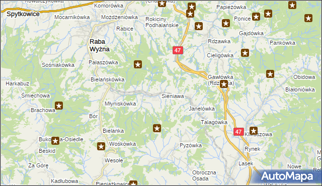 mapa Sieniawa gmina Raba Wyżna, Sieniawa gmina Raba Wyżna na mapie Targeo