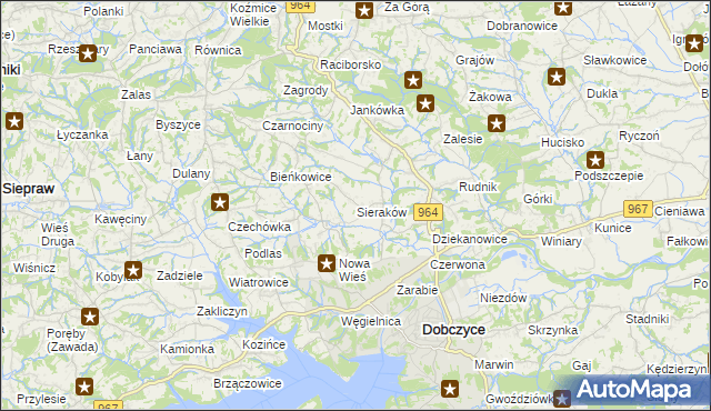 mapa Sieraków gmina Dobczyce, Sieraków gmina Dobczyce na mapie Targeo