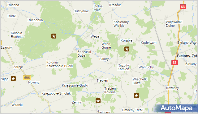 mapa Sikory gmina Bielany, Sikory gmina Bielany na mapie Targeo