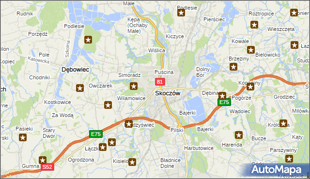 mapa Skoczów powiat cieszyński, Skoczów powiat cieszyński na mapie Targeo