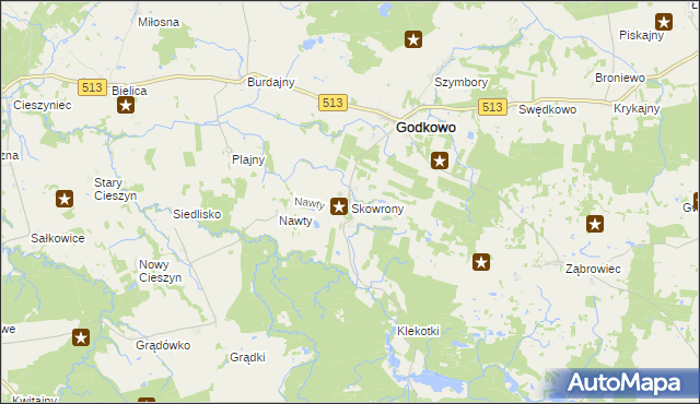 mapa Skowrony gmina Godkowo, Skowrony gmina Godkowo na mapie Targeo