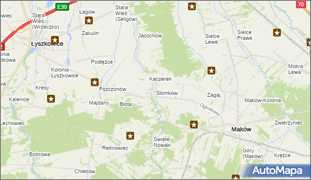 mapa Słomków gmina Maków, Słomków gmina Maków na mapie Targeo