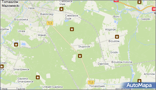 mapa Sługocice gmina Tomaszów Mazowiecki, Sługocice gmina Tomaszów Mazowiecki na mapie Targeo