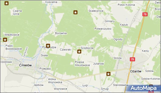 mapa Śródborze gmina Ożarów, Śródborze gmina Ożarów na mapie Targeo