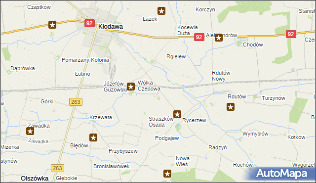 mapa Straszków gmina Kłodawa, Straszków gmina Kłodawa na mapie Targeo