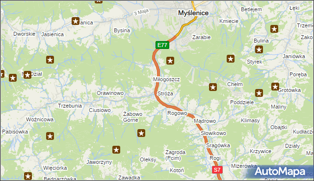 mapa Stróża gmina Pcim, Stróża gmina Pcim na mapie Targeo