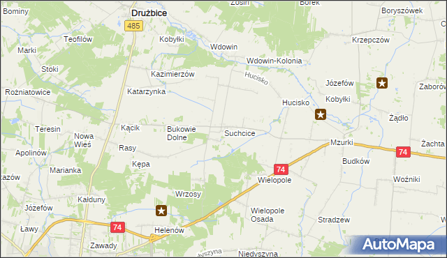 mapa Suchcice gmina Drużbice, Suchcice gmina Drużbice na mapie Targeo