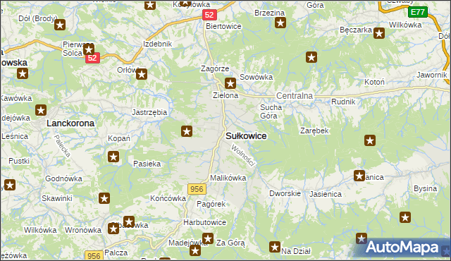 mapa Sułkowice powiat myślenicki, Sułkowice powiat myślenicki na mapie Targeo