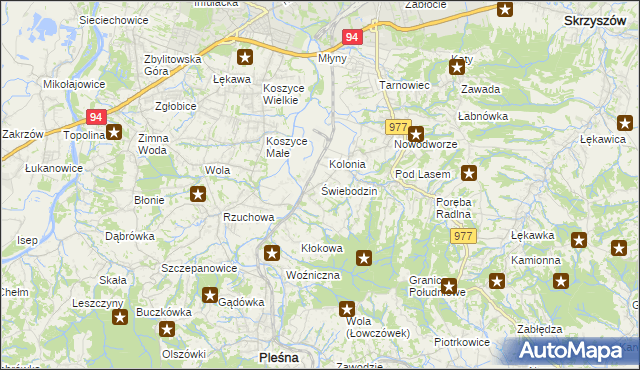 mapa Świebodzin gmina Pleśna, Świebodzin gmina Pleśna na mapie Targeo