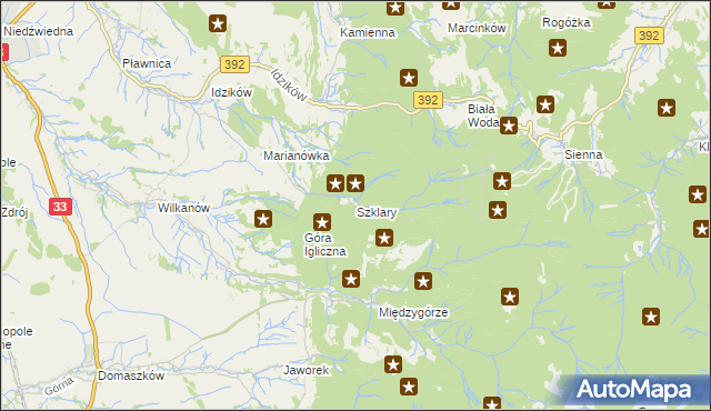 mapa Szklary gmina Bystrzyca Kłodzka, Szklary gmina Bystrzyca Kłodzka na mapie Targeo