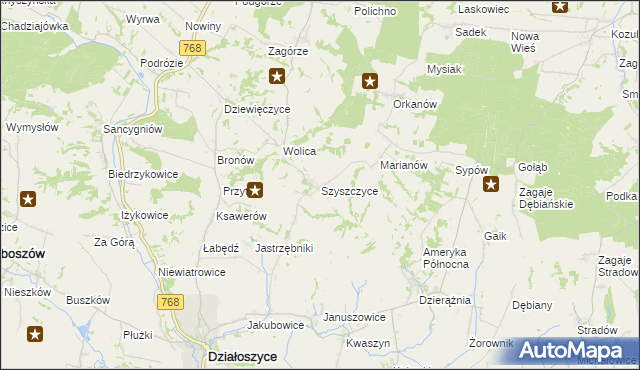 mapa Szyszczyce gmina Działoszyce, Szyszczyce gmina Działoszyce na mapie Targeo