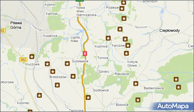 mapa Tomice gmina Ciepłowody, Tomice gmina Ciepłowody na mapie Targeo