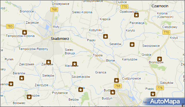 mapa Topola gmina Skalbmierz, Topola gmina Skalbmierz na mapie Targeo