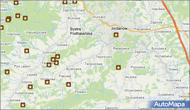 mapa Toporzysko gmina Jordanów, Toporzysko gmina Jordanów na mapie Targeo