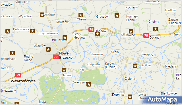 mapa Trawniki gmina Drwinia, Trawniki gmina Drwinia na mapie Targeo