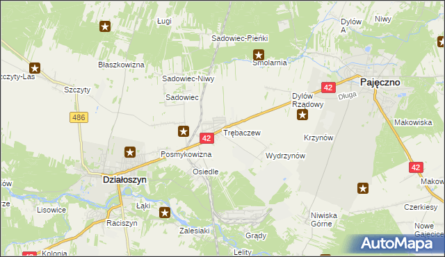 mapa Trębaczew gmina Działoszyn, Trębaczew gmina Działoszyn na mapie Targeo